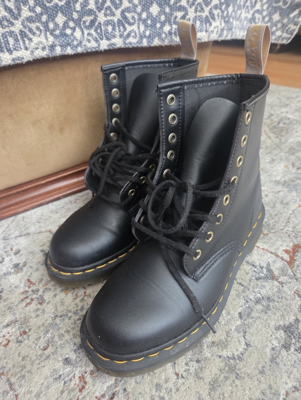 VEGAN Dr. Martens Black Lace-Up Combat Boots with Yellow Stitching